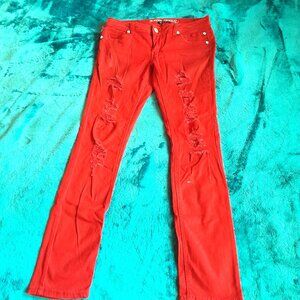 Almost Famous Always Fabulous Women’s Mid Rise Distressed Skinny Jeans Color Red